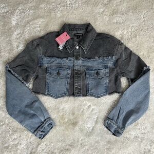 PLT washed grey double layered denim cropped jacket